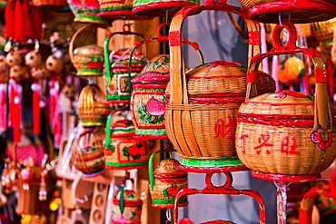 Handwoven bamboo baskets in a shop in Paifang Street, Chaozhou ancient city, the main tourist destination in Chaozhou, Guangdong Province, China.