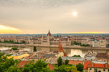 hungary Budapest twilight at Danube River with lit up Hungarian Parliament building