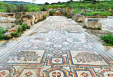 Beautiful ancient mosaic floor with geometric patterns and floral motifs, surrounded by stone ruins medieval church in Israel in a grassy archaeological site.