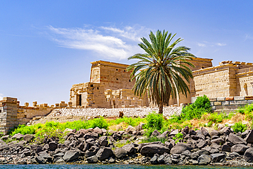 Ancient Temple of Philae surrounded by palm trees, Aswan, Egypt