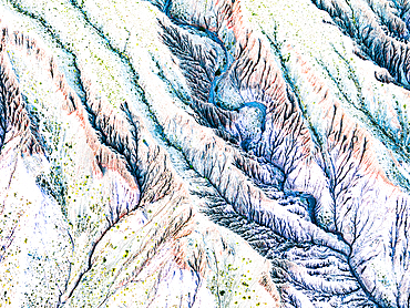 Aerial view of the scenic striated rock layers in the Hill of Seven Colors or Cerro de los Siete Colores, Purmamarca, Argentina