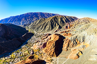 Panoramic aerial view of Purmamarca village and mountains, Argentina