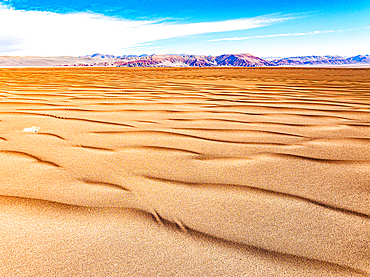 Golden sand dunes of desert with volcanoes on background, aerial view, Campo de Piedra Pomez, El Penon, Catamarca, Argentina