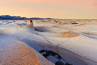Man looking at volcanic landscape, Campo de Piedra Pomez, El Penon, Puna, Catamarca, Argentina. (MR)