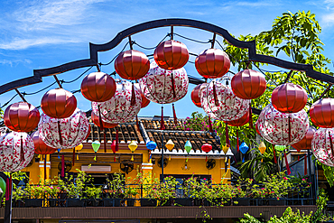 Houses framed by traditional lanterns, Hoi An, Quang Nam Province, Vietnam