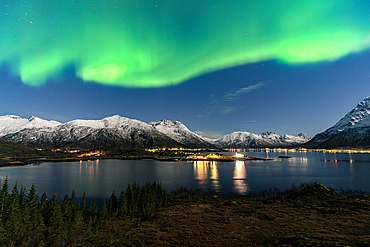 Northern Lights over Sildpollnes village, Austnesfjorden, Vagan, Lofoten Islands, Norway