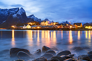 Lights o f dusk over the fishing village of Sakrisoy, Reine, Lofoten Islands, Norway