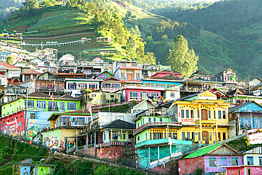 Multicolored houses of Butuh village also known as Nepal Van Java on mountain hillside, Magelang, Central Java, Indonesia
