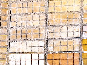 Overhead view of patterns of salt evaporation tanks, Las Salinas del Carmen, Fuerteventura, Canary Islands, Spain