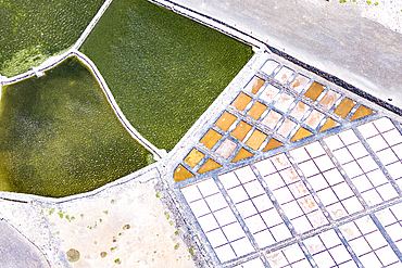 Aerial view of Las Salinas del Carmen salt flats, Fuerteventura, Canary Islands, Spain