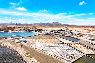 Aerial view of Las Salinas del Carmen salt flats, Fuerteventura, Canary Islands, Spain