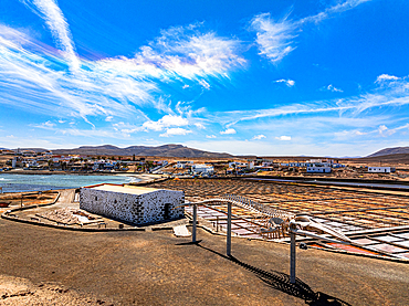 Salt flats and traditional village, aerial view, Las Salinas del Carmen, Fuerteventura, Canary Islands, Spain