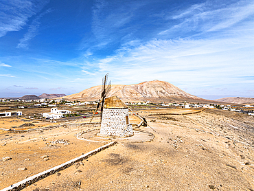 Aerial view of the traditional whitewashed windmill Molinos De Villaverde, Fuerteventura, Canary Islands, Spain