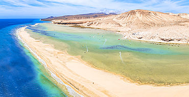 Aerial view of kite surfers having fun at Sotavento beach, Jandia Natural Park, Fuerteventura, Canary Islands, Spain