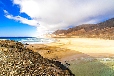 High angle view of the crystal clear sea washing Cofete beach, Jandia Natural Park, Fuerteventura, Canary Islands, Spain