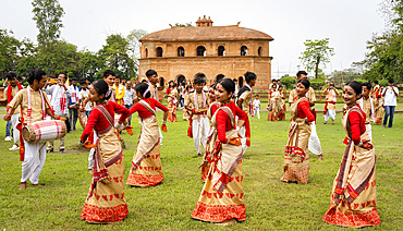 Dancers perform Assamese folk dance Bihu at Rang Ghar premises on the occasion of Rongali Bihu Festival in Sivasagar, Assam, India on 15 April 2025.