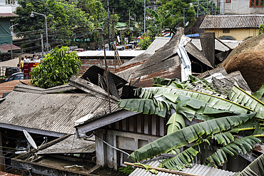 Damaged houses after a major landslide, triggered by a heavy downpour, on June 7, 2025 in Guwahati, India.