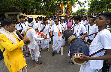 Hindu devotees takes part in Rath Yatra religious procession Guwahati, India on June 27, 2025. Rath Yatra, also known as the Chariot Festival, is a major Hindu festival celebrated in India.