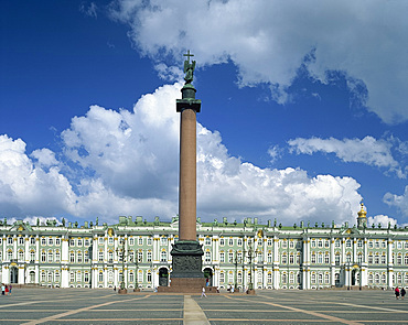 Tall column in front of the Winter Palace which houses the Hermitage Museum in St. Petersburg, Russia, Europe