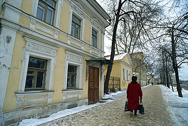 Old houses and woman on the Ring Road, Moscow, Russia, Europe