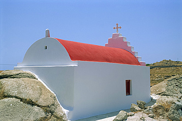 Small old church with red roof on Mykonos, Cyclades Islands, Greek Islands, Greece, Europe