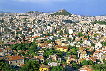 Skyline with Lykavittos Hill in the distance, taken from the Acropolis, in Athens, Greece, Europe