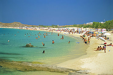 Tourists on the beach and in the sea at Prokopios Beach on Naxos, Cyclades Islands, Greek Islands, Greece, Europe