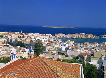 Aerial view over the town and harbour of Ermoupoli, Syros (Siros), Cyclades, Greek Islands, Greece, Eurpoe