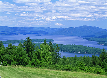 Trees and hills surround Lake George in New York State, United States of America, North America