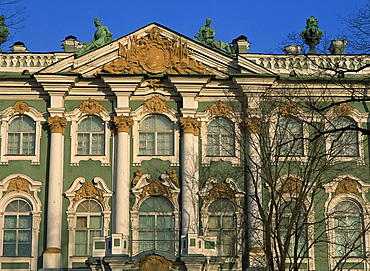 Close up of the facade of windows and columns of the Winter Palace housing the Hermitage Museum, St. Petersburg, UNESCO World Heritage Site, Russia, Europe