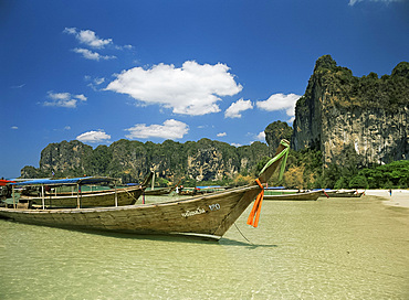 Long tail boats, Railay Beach, Krabi, Thailand, Southeast Asia, Asia