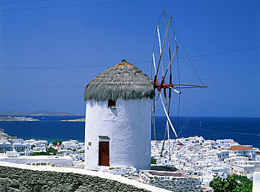 Thatched windmill above the harbour on the island of Mykonos, Cyclades, Greek Islands, Greece, Europe