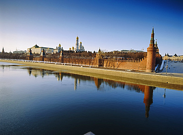 View of Kremlin churches and towers from Moscow River Bridge, Moscow, Russia, Europe