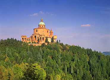 The church of San Luca above a tree covered hill in Bologna, Emilia Romagna, Italy, Europe