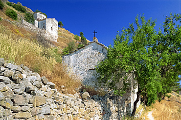 Old Byzantine churches on a hillside, Aegina, Saronic Islands, Greek Islands, Greece, Europe