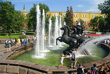 People around the fountains in Manezh Square Park in Moscow, Russia, Europe