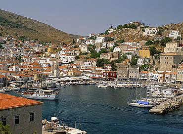 The harbour and town on Hydra, Argo Saronic Islands, Greek Islands, Greece, Europe