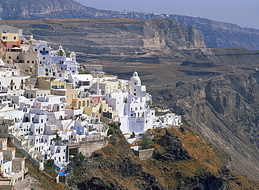 Aerial view over the houses of Fira Town, the capital of Santorini (Thira), perched on the Caldera Rim, Cyclades, Greek Islands, Greece, Europe