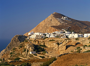 Terraces, The Chora village and zigzag path up to church on hillside on Folegandros, Cyclades, Greek Islands, Greece, Europe