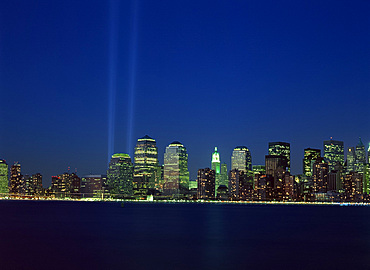 Lower Manhattan skyline and World Trade Center memorial lights, New York City, United States of America, North America