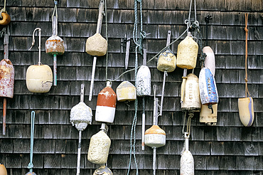 Buoys decorating a wall, Vineyard Haven, Martha's Vineyard, Massachusetts, New England, United States of America, North America