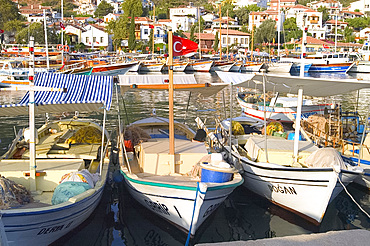 Fishing boats in the harbour, late afternoon, in Kas on south coast of Turkey, Anatolia, Turkey, Asia Minor, Asia