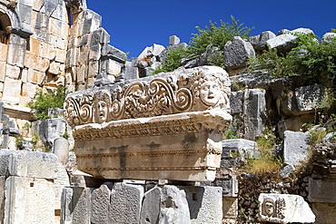 Stone carvings in the ruins at the ancient Lycian city of Myra, south coast, Anatolia, Turkey, Asia Minor, Asia