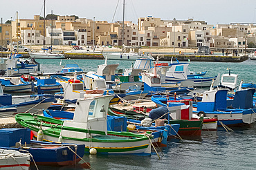 Fishing boats in the harbour on the island of Favignana, the Egadi Islands, off Sicily, Italy, Mediterranean, Europe