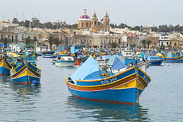 Colourful boats in the harbour of Marsaxlokk, Malta, Mediterranean, Europe