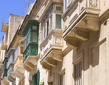 Old wooden porches on houses, Valletta, Malta, Mediterranean, Europe