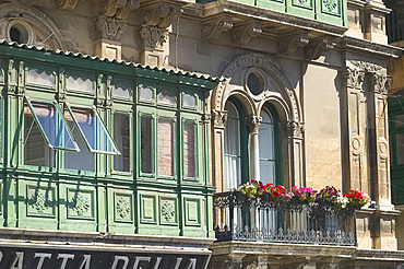 Old windows with colourful flower boxes, Valletta, Malta, Mediterranean, Europe