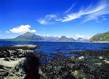 View of the Cuillin Hills from Elgol, Isle of Skye, Inner Hebrides, Highland region, Scotland, United Kingdom, Europe