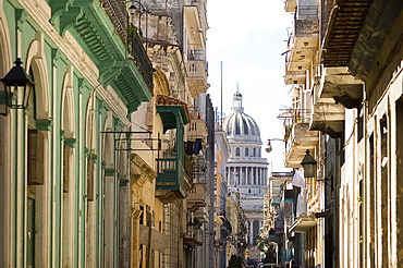 A view of the Capitolio seen through the streets of Habana Viejo (old town), Havana, Cuba, West Indies, Central America