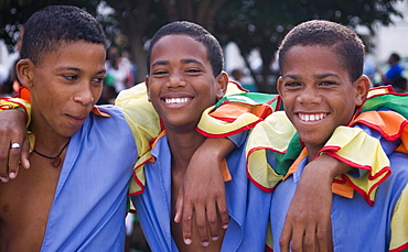 Young boys dressed in colourful costumes for a school festival, Santiago de Cuba, Cuba, West Indies, Central America